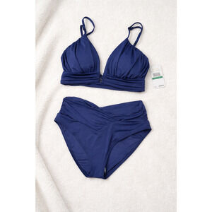 Michael Kors Bikini Set Large BLue Ruched Halter Top High Waist Bottom Swim